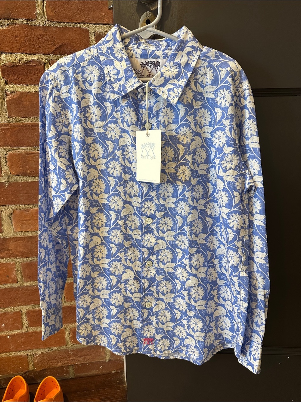 Pink House Mustique Kids' Linen Blue Floral Button-Down Shirt